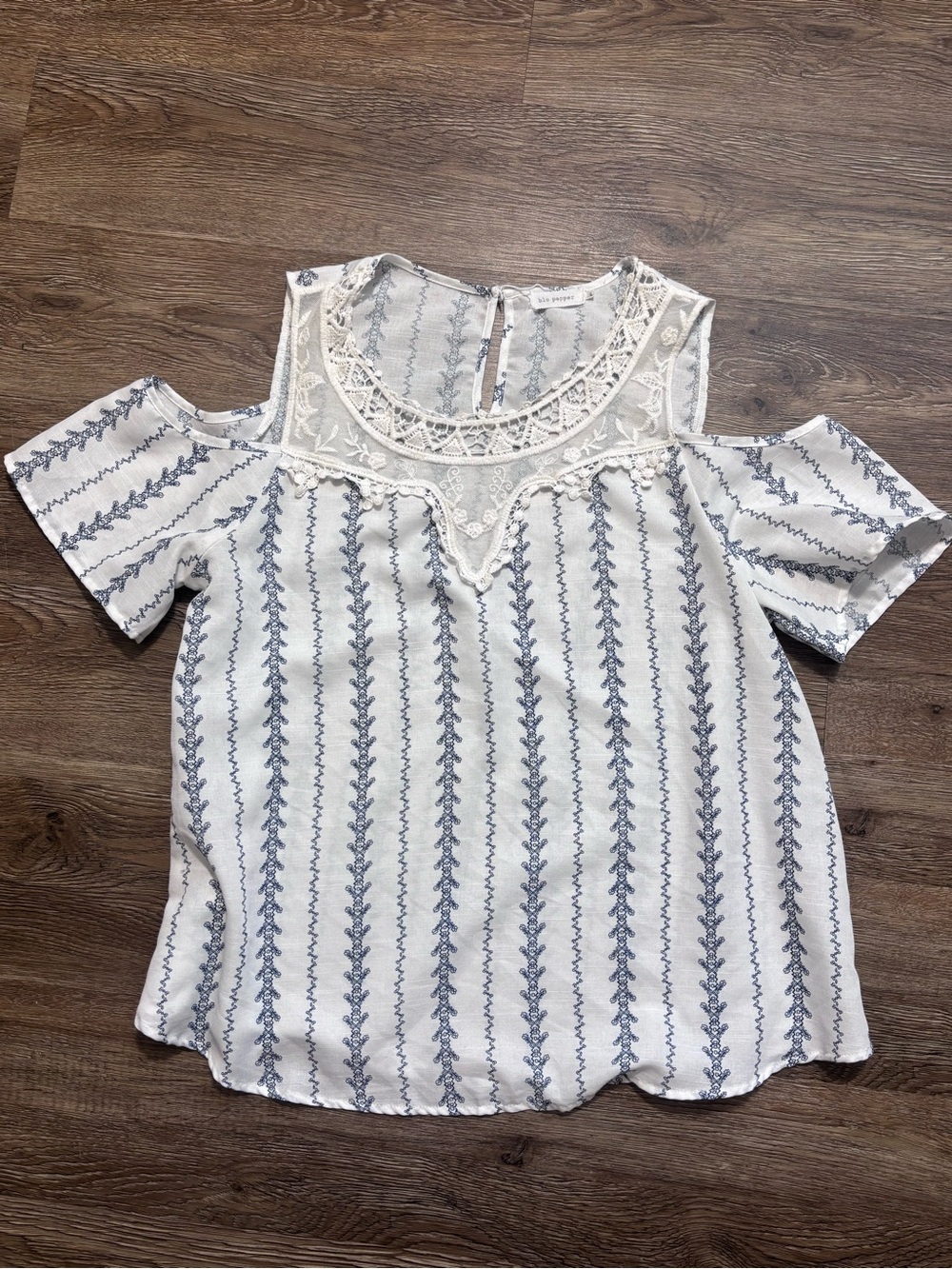 Blu Pepper White Top with Blue Embroidered Stripes and Lace Yoke